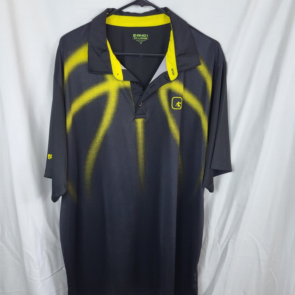 AND1 Polo Shirt Mens 2XL Black Yellow Basketball‎ Graphic Athletic Short Sleeve